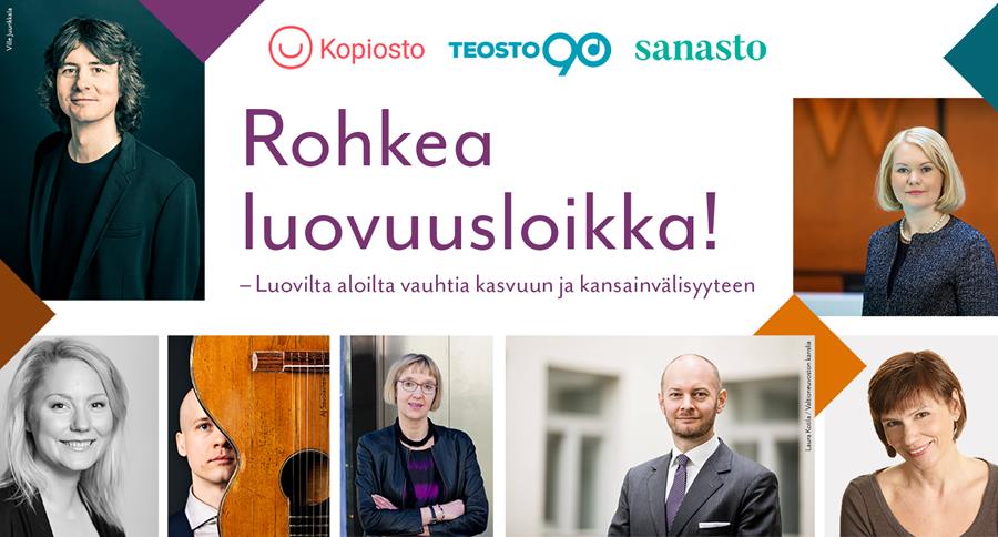 Rohkea luovuusloikka -tapahtuman mainos sekä tilaisuuden keskustelijoiden kuvat (Antti Tuomainen, Petteri Sariola, Mari Rantasila, Nuppu Rouhiainen, Ulla Junell, Sampo Terho ja Johanna Sipola).